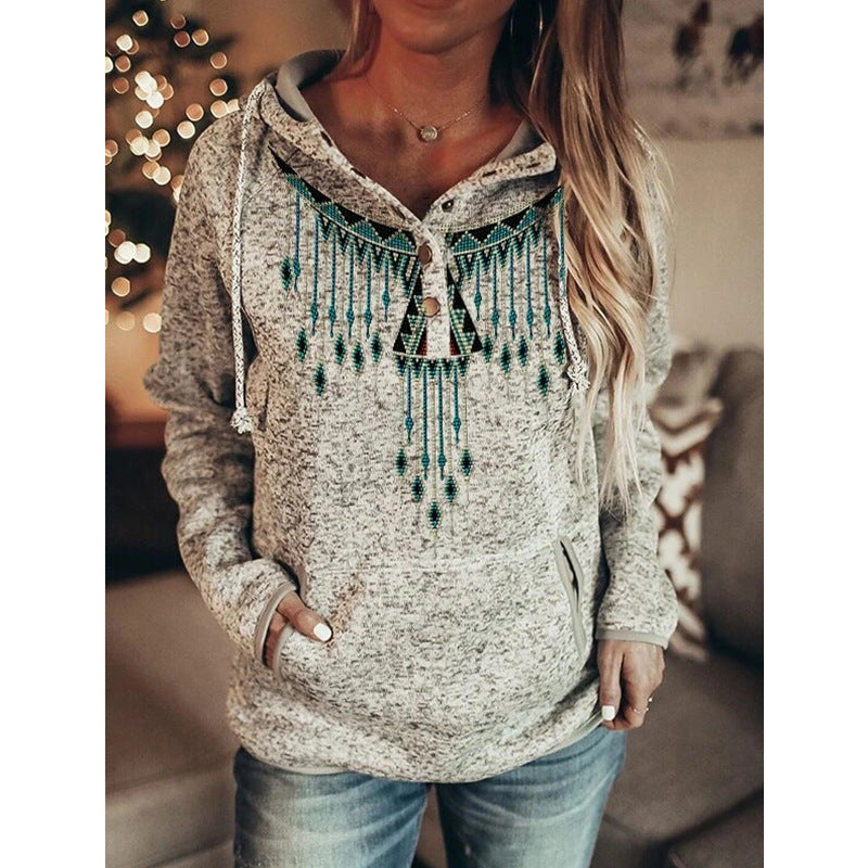 Grey Printed Long Sleeve Pullover Hooded For Ladies