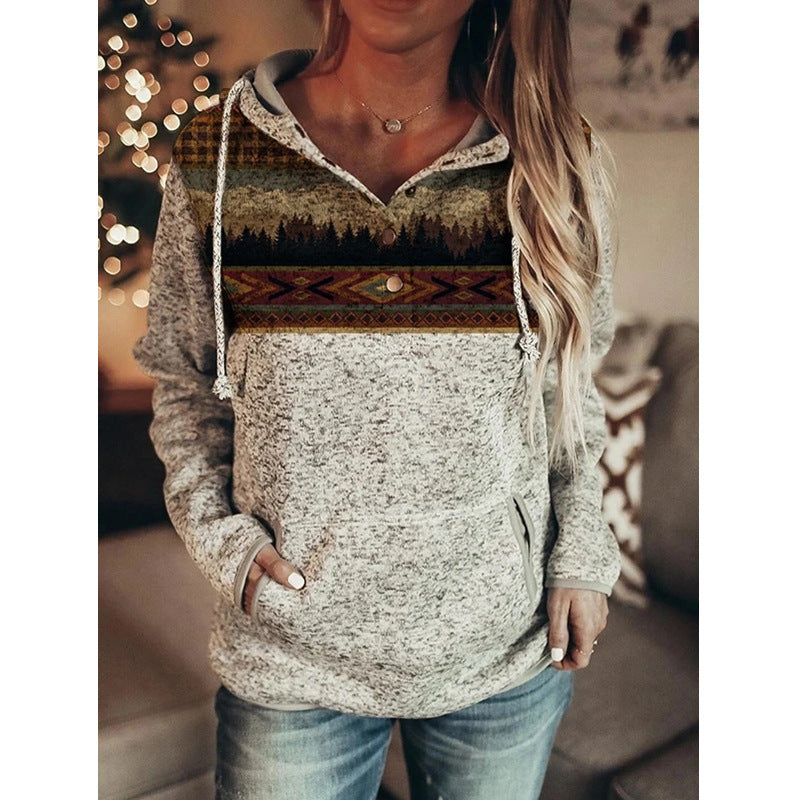 Grey Printed Long Sleeve Pullover Hooded For Ladies