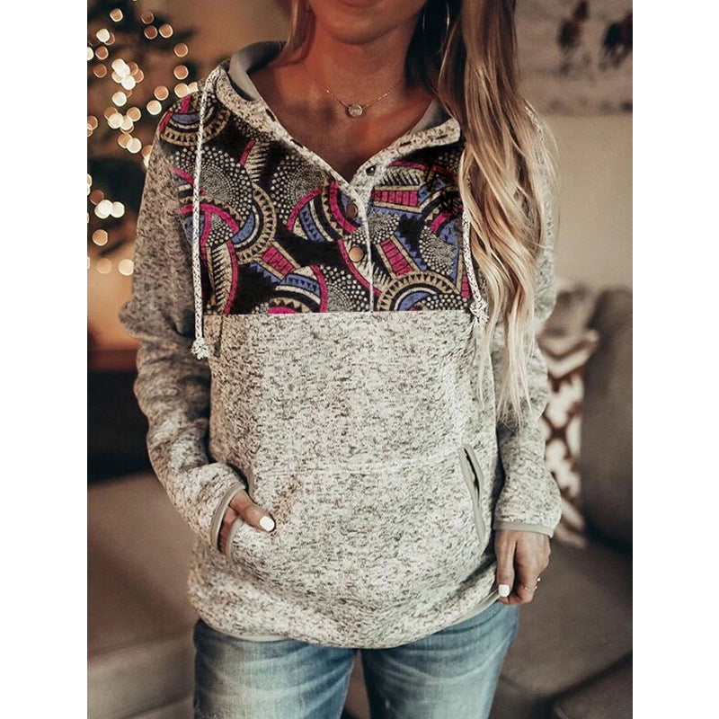 Grey Printed Long Sleeve Pullover Hooded For Ladies