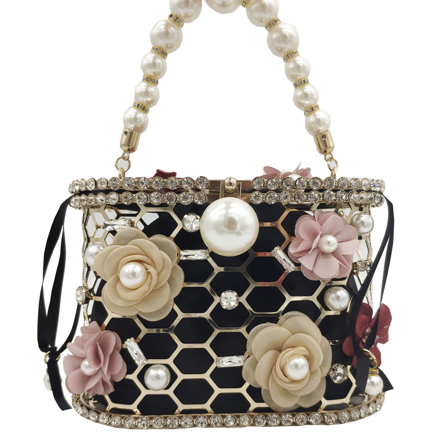 Pearl And Diamond Flower Handbag Drawstring Pork Cage Bag