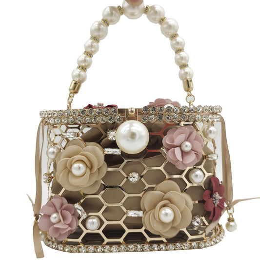 Pearl And Diamond Flower Handbag Drawstring Pork Cage Bag