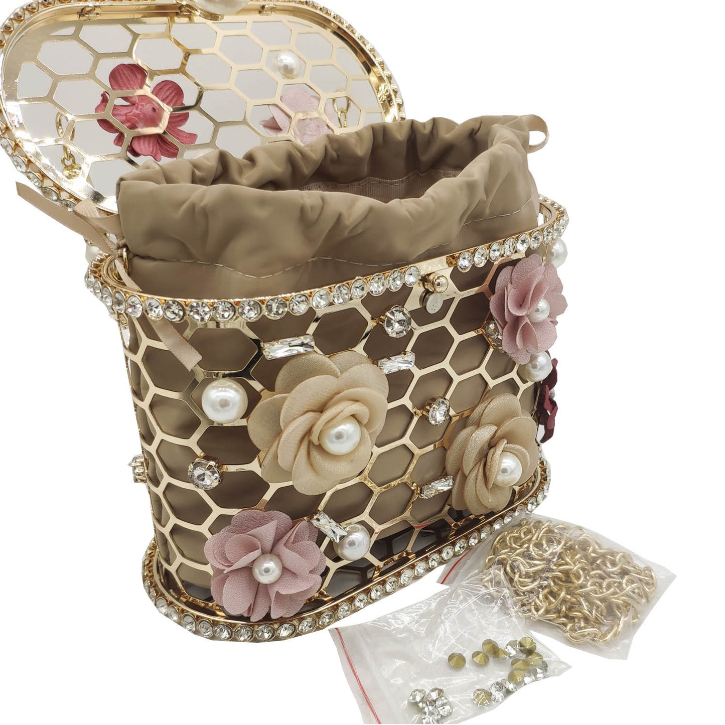 Pearl And Diamond Flower Handbag Drawstring Pork Cage Bag