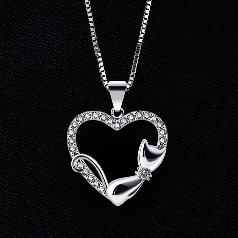 Cat Heart-Shaped Full Diamond Necklace Jewelry