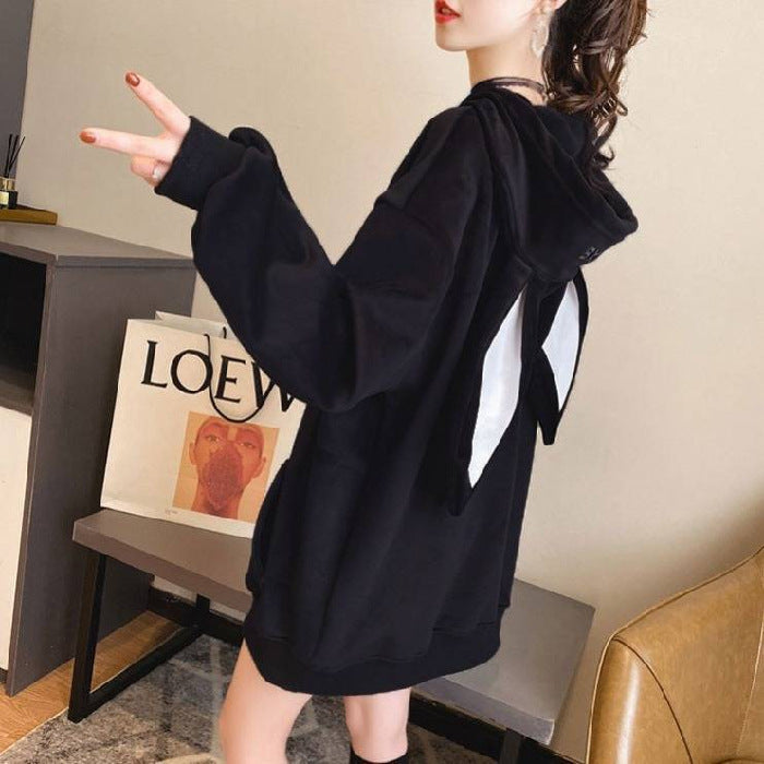 Sweet Cute Preppy Style Rabbit Ears Plus Velvet Thick Hoodies Women Long Sleeve Pullover Big Pocket Kawaii Sweatshirts for Girls