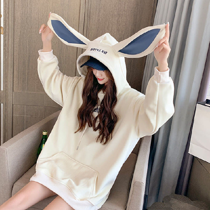 Sweet Cute Preppy Style Rabbit Ears Plus Velvet Thick Hoodies Women Long Sleeve Pullover Big Pocket Kawaii Sweatshirts for Girls