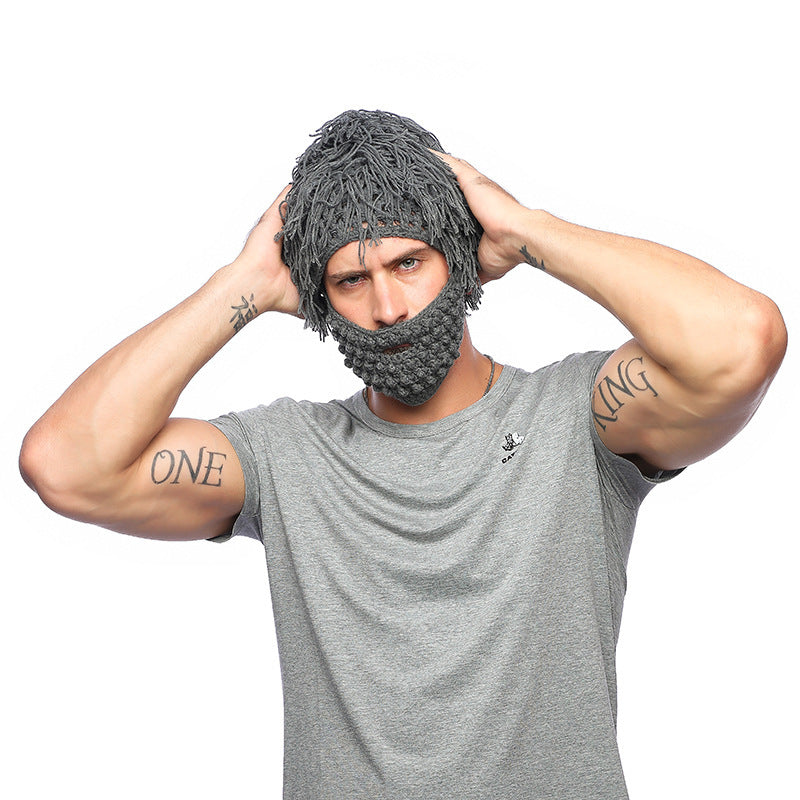 Foreign Trade Creative Straw Hat Men's Knitted Hat Autumn And Winter Hand Hook Removable Woolen Beard Funny Wig Hat