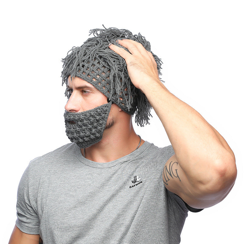 Foreign Trade Creative Straw Hat Men's Knitted Hat Autumn And Winter Hand Hook Removable Woolen Beard Funny Wig Hat