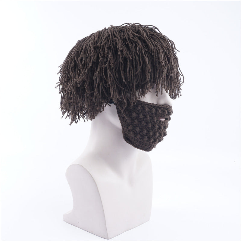 Foreign Trade Creative Straw Hat Men's Knitted Hat Autumn And Winter Hand Hook Removable Woolen Beard Funny Wig Hat