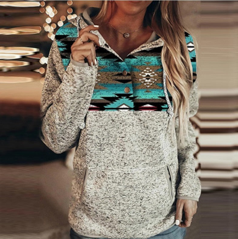 Grey Printed Long Sleeve Pullover Hooded For Ladies