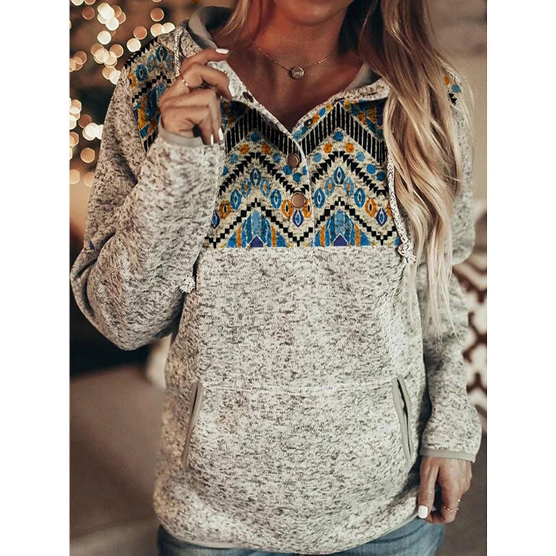 Grey Printed Long Sleeve Pullover Hooded For Ladies