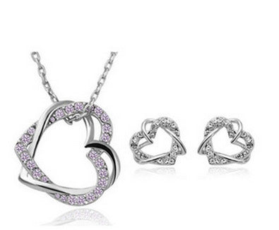 Yiwu Fashion Jewelry Factory Jewelry Customized Double Diamond Heart Necklace Earring Set