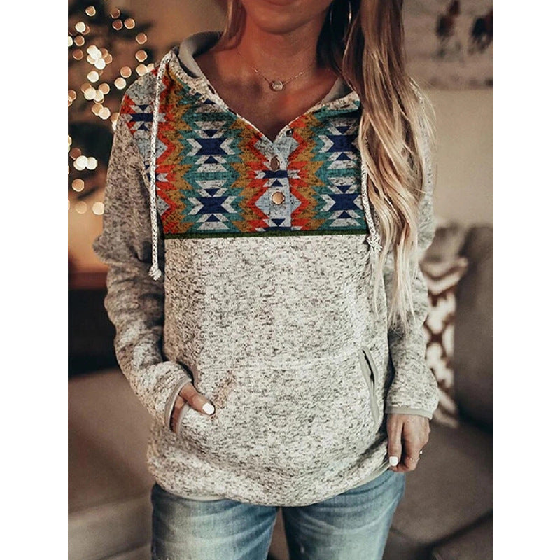 Grey Printed Long Sleeve Pullover Hooded For Ladies