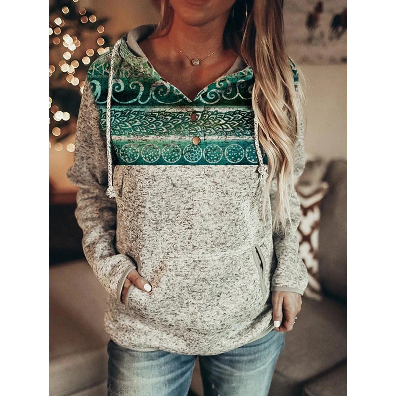 Grey Printed Long Sleeve Pullover Hooded For Ladies