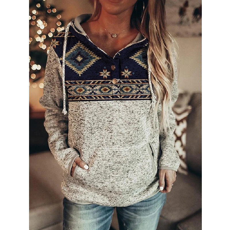 Grey Printed Long Sleeve Pullover Hooded For Ladies