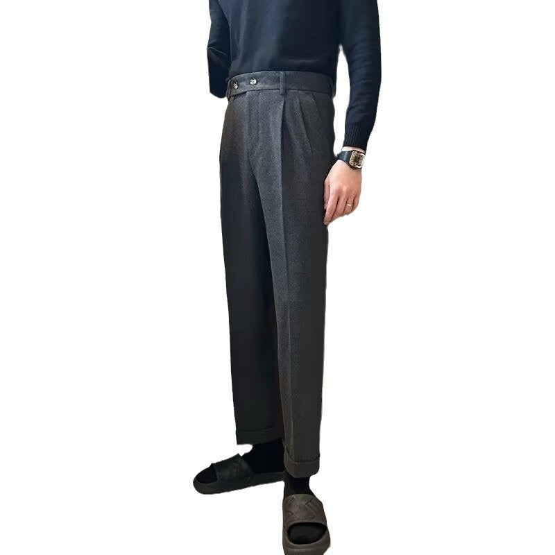 Woolen Draping Cropped Straight Casual Suit Pants For Men