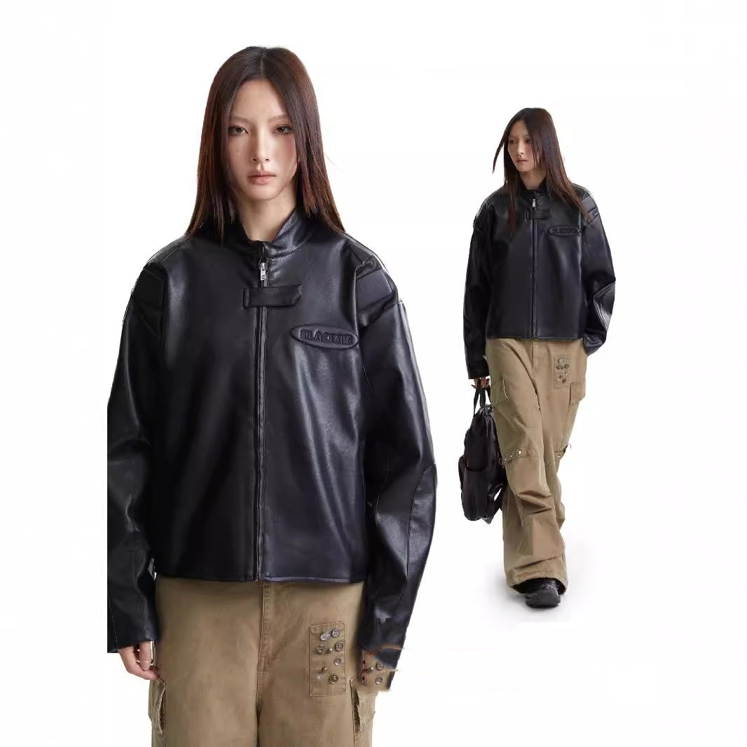 Motorcycle Clothing PU Leather Zip Turtleneck Jacket Men's And Women's Coats