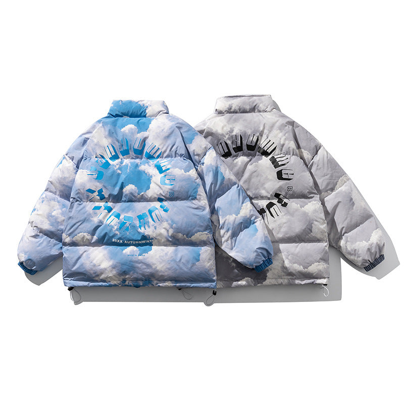 Blue Sky And White Clouds Printed Stand-Collar Down Jacket Men