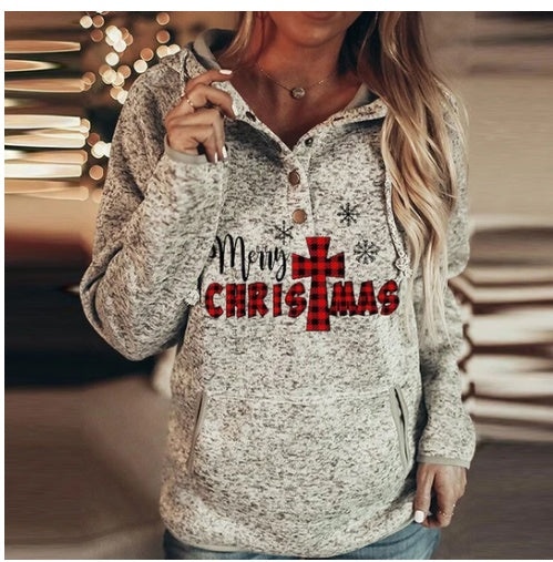 Grey Printed Long Sleeve Pullover Hooded For Ladies