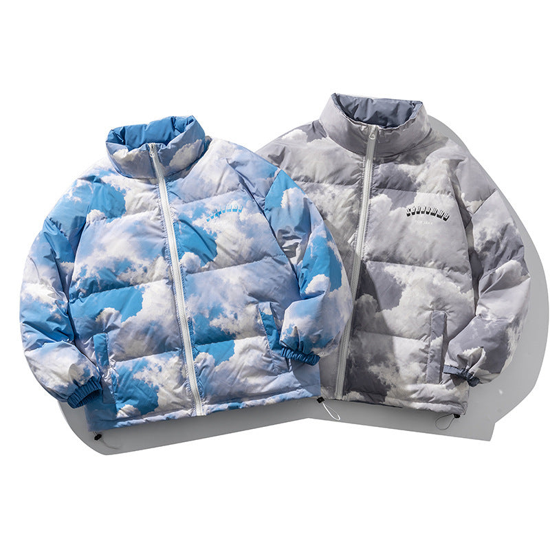 Blue Sky And White Clouds Printed Stand-Collar Down Jacket Men