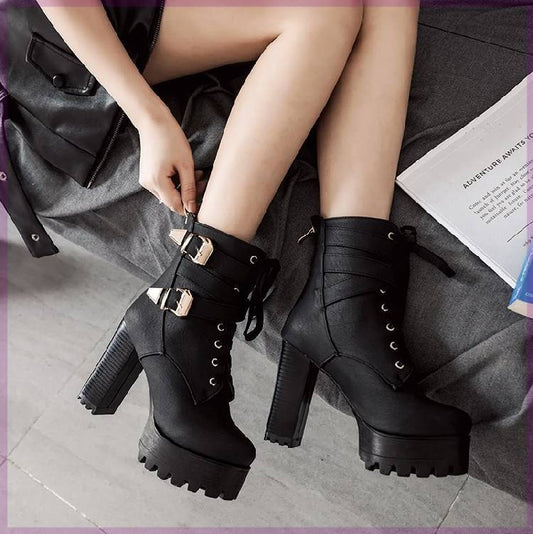 Short Boots Round Toe Leather Boots High Heel Women's Boots