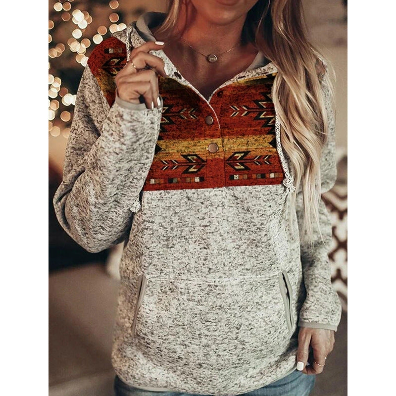 Grey Printed Long Sleeve Pullover Hooded For Ladies