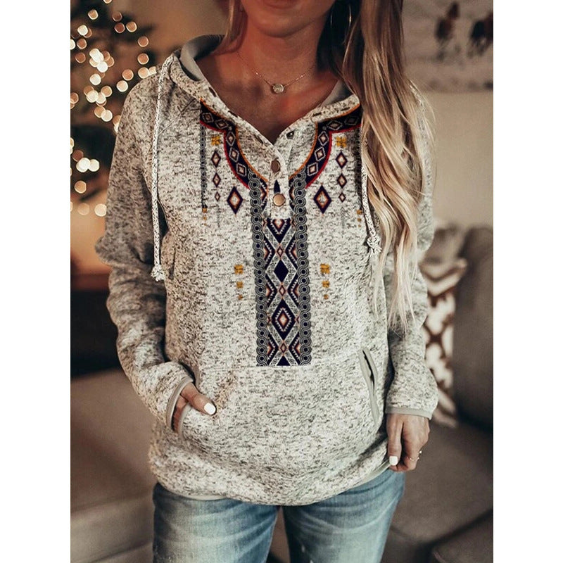 Grey Printed Long Sleeve Pullover Hooded For Ladies