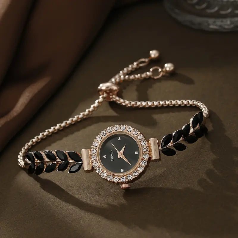 Fashion Green Leaf Fine Band Diamond Round Women's Watch