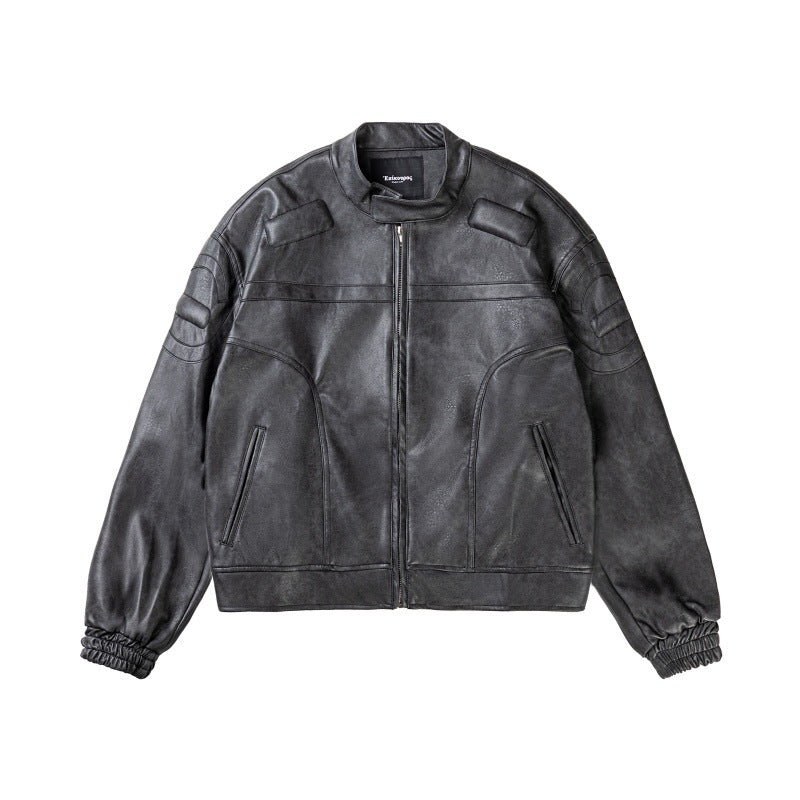 Marbling PU Leather Jacket Stand Collar Motorcycle Jacket