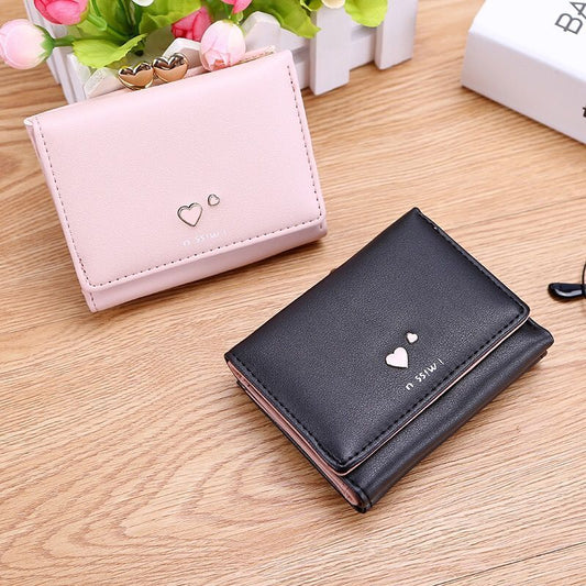 Three Fold Two Hearts Women's Purse Female Student Cute Coin Purse Short Style Multi-card Clip