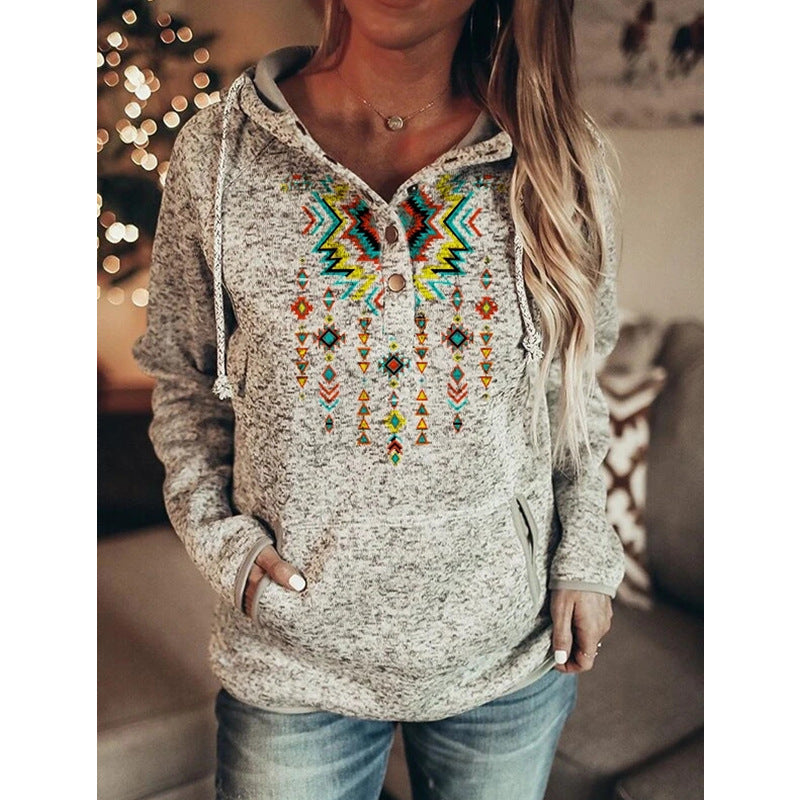 Grey Printed Long Sleeve Pullover Hooded For Ladies