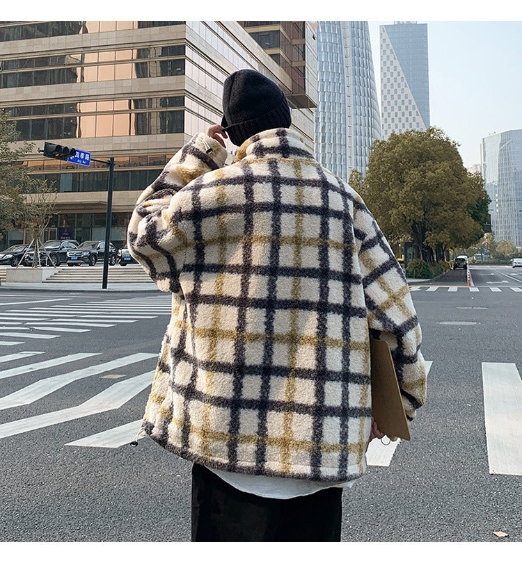 Hong Kong Style Winter New Men Casual Yellow Plaid Jacket