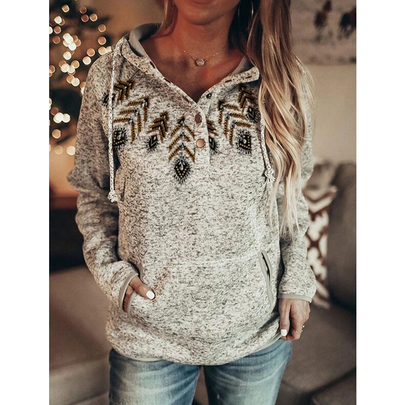 Grey Printed Long Sleeve Pullover Hooded For Ladies