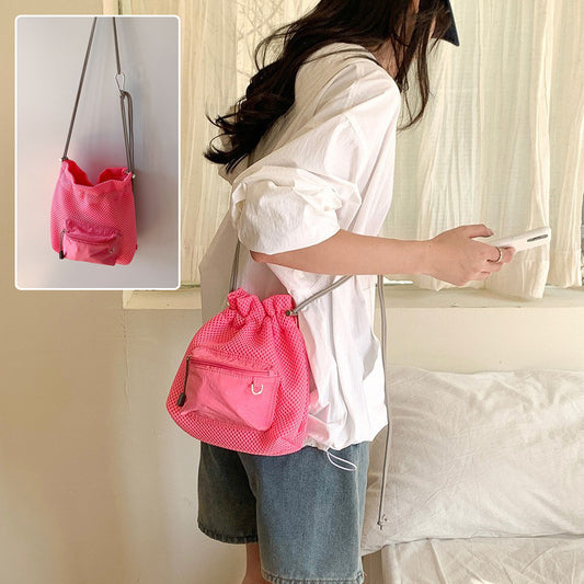 Small Mesh Drawstring Bucket Bag Fashion Cute Messenger Shoulder Bags For Women